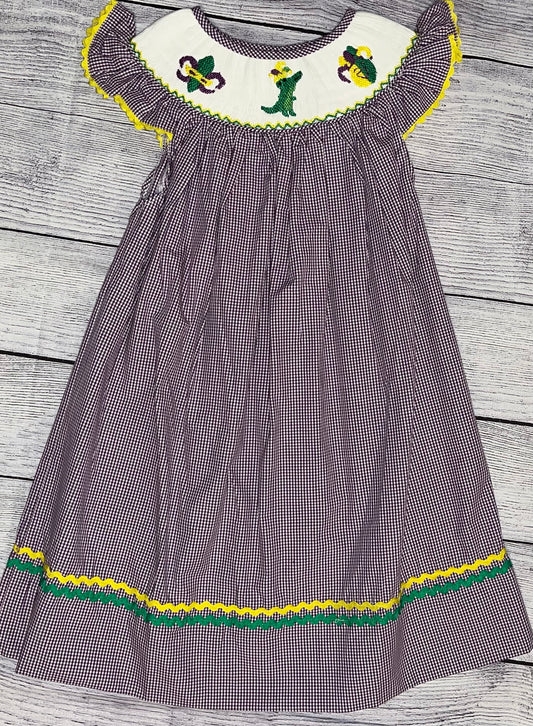 Angel-Sleeve Smocked Mardi Gras Dress