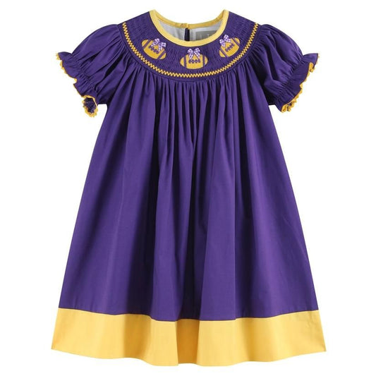 Purple & Gold Football Smocked Bishop Dress