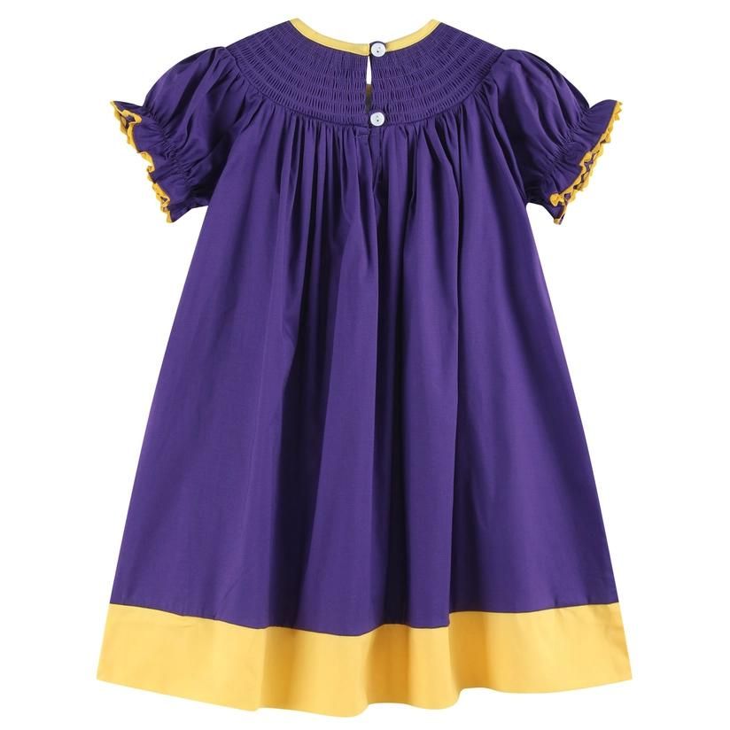 Purple & Gold Football Smocked Bishop Dress