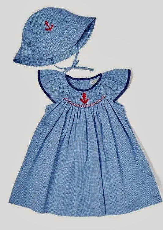 Smocked Anchor Dress with Bucket Hat