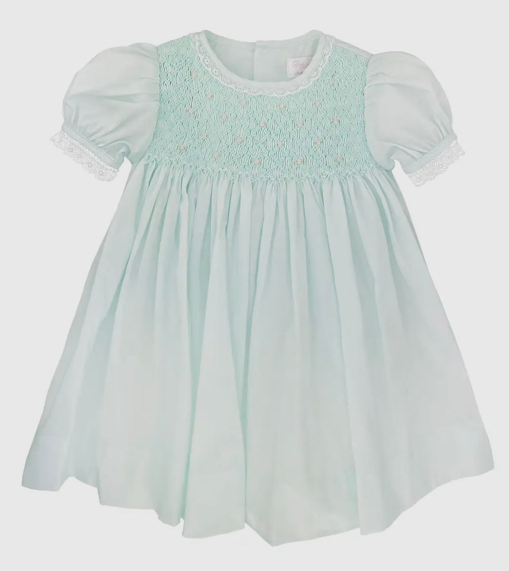 Fully Smocked Mint Dress w/ French Lace