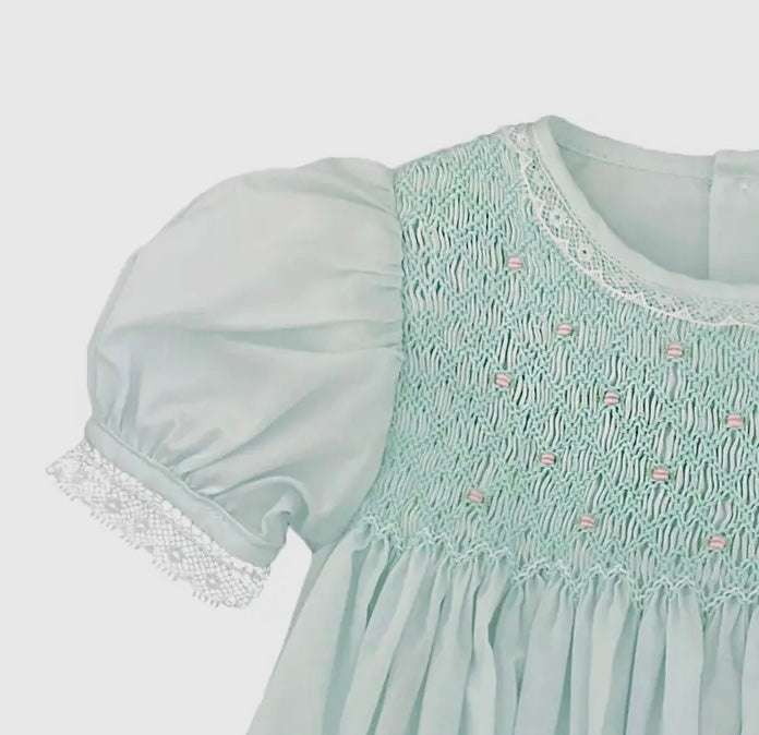 Fully Smocked Mint Dress w/ French Lace