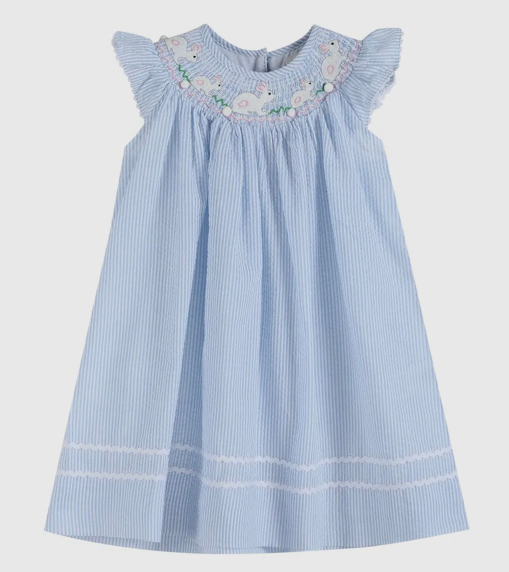 Blue Seersucker Smocked Bunnies Bishop Dress