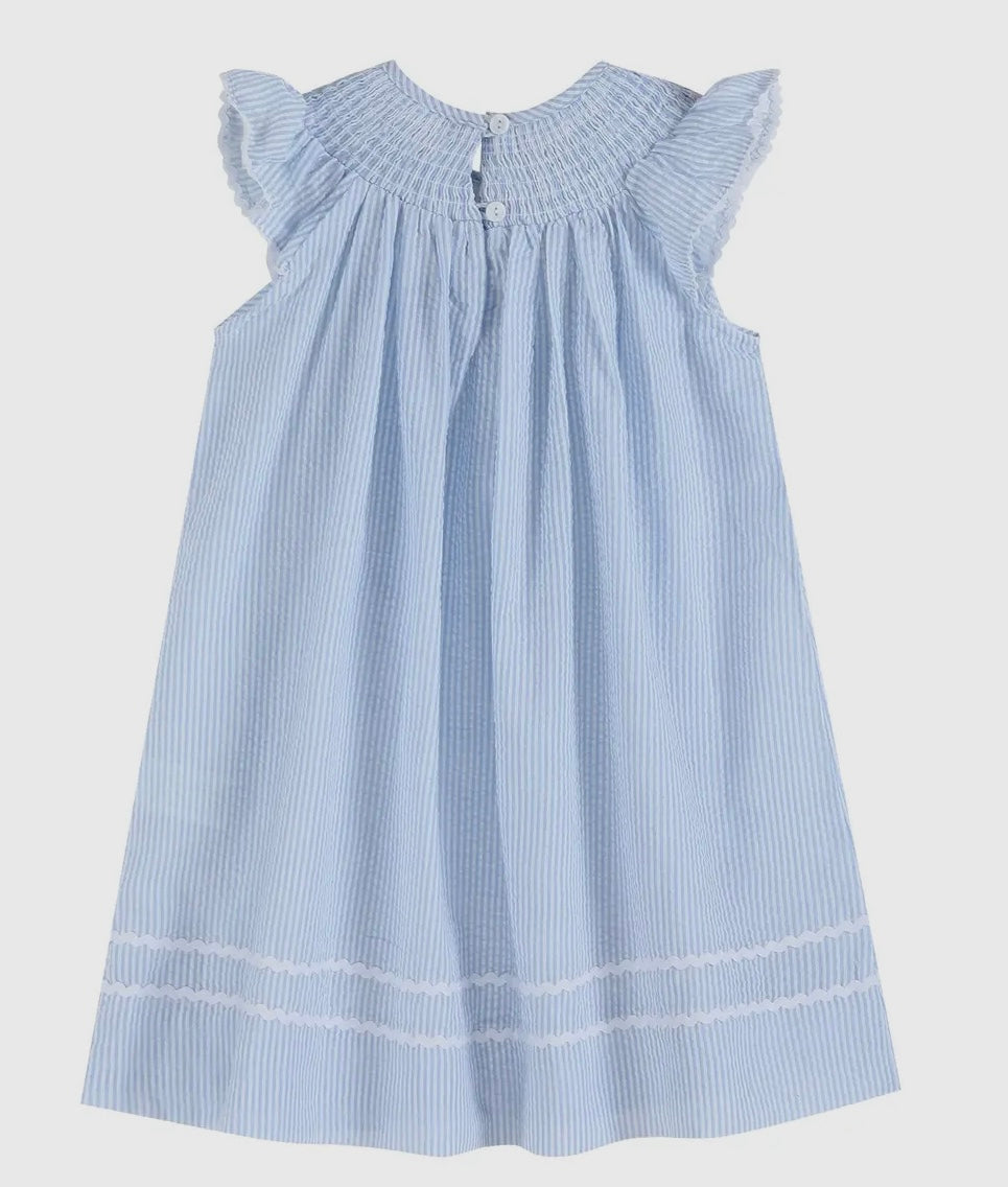 Blue Seersucker Smocked Bunnies Bishop Dress