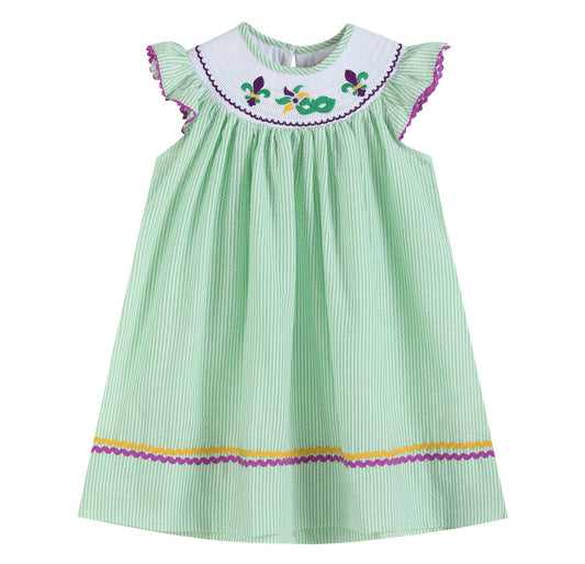 Smocked Mardi Gras Green Seersucker Bishop Dress