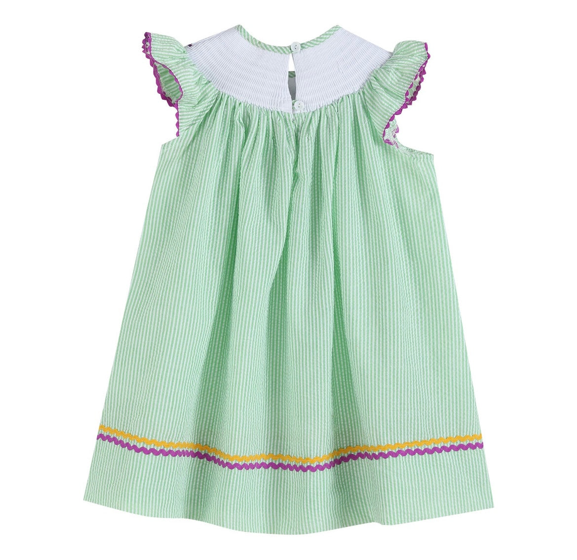 Smocked Mardi Gras Green Seersucker Bishop Dress