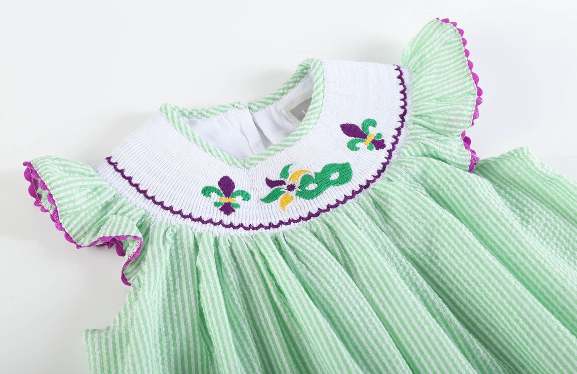 Smocked Mardi Gras Green Seersucker Bishop Dress