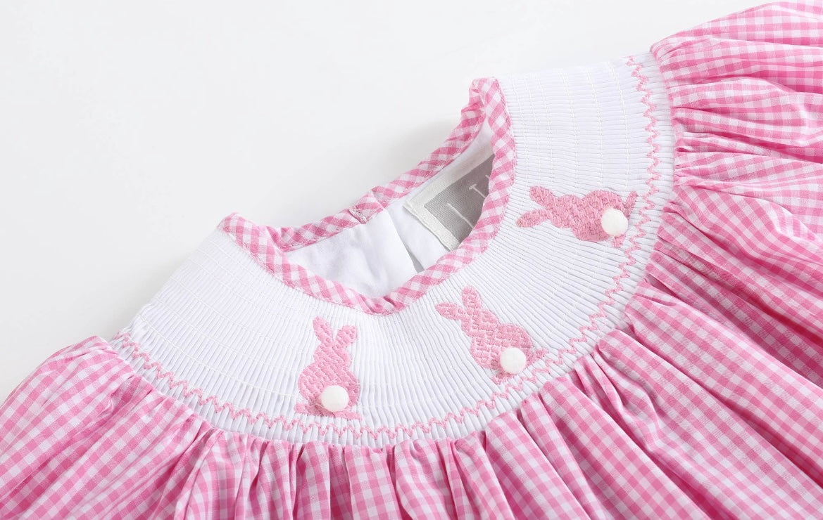 Pink Gingham Easter Bunnies Smocked Bishop Dress (Sale)