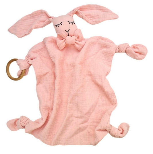 Muslin Pink Bunny Lovey with Wooden Teether (Sale)