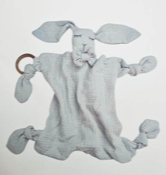 Muslin Gray Bunny Lovey with Wooden Teether (Sale)